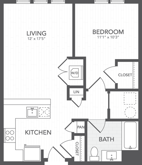 Floor plan for 1 bed, 1 bath, 750 sqft